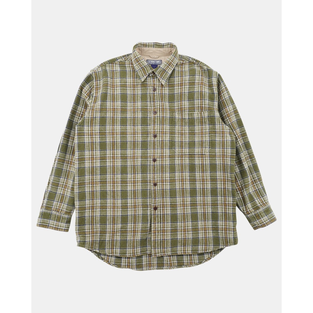 Vintage Structure Flannel Shirt Men's Small Green Plaid Heavy Cotton Button Down